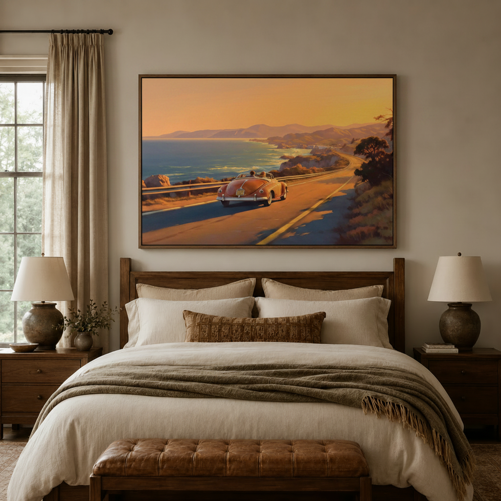 Retro road trip canvas wall art above a rustic wood bed in a warm neutral bedroom with linen bedding and ceramic lamps