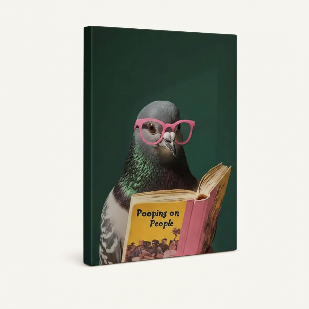 Close-up of quirky pigeon canvas print holding Pooping on People book, gallery-wrapped on deep teal background
