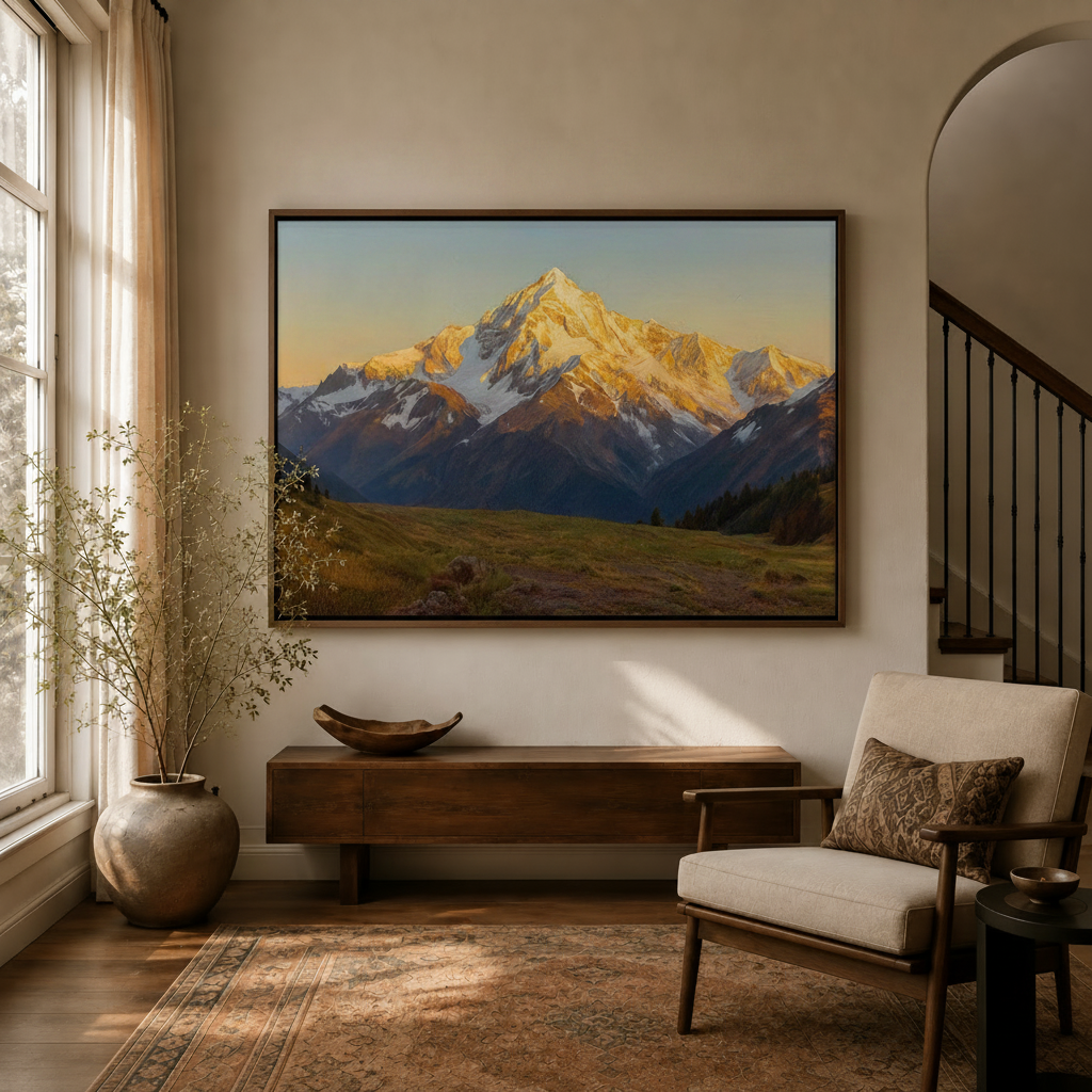 Golden hour alpenglow snow mountain oil painting canvas hung above console in warm living room entryway with staircase
