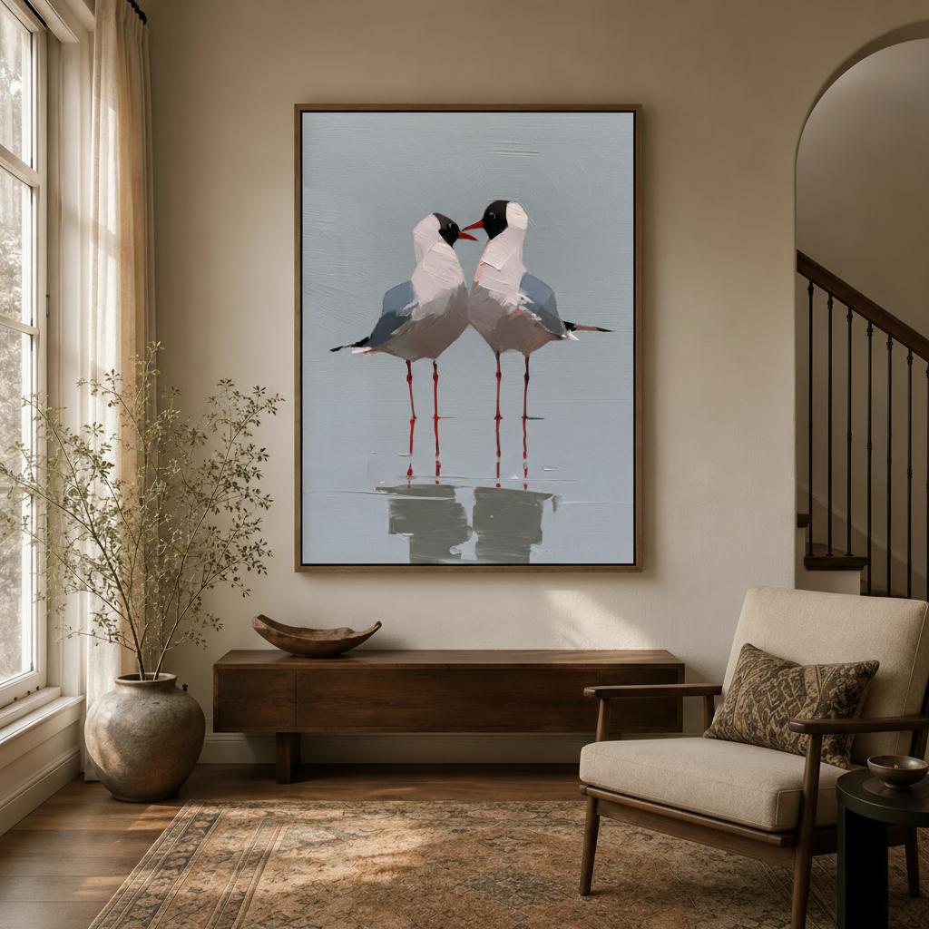 Framed seagull couple canvas wall art above walnut console in warm neutral entryway with arched staircase and natural light