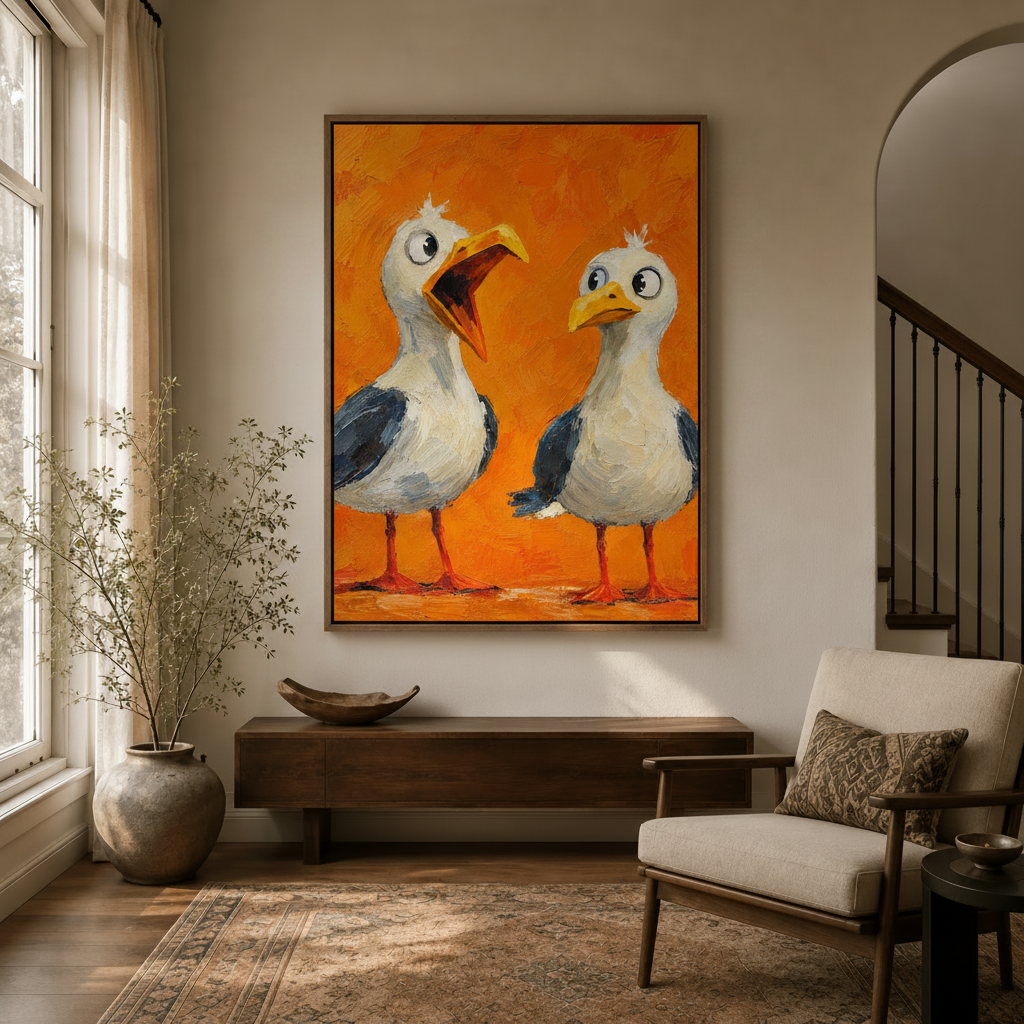 Framed funny seagull canvas wall art hanging above wooden console table in neutral modern entryway with arched doorway