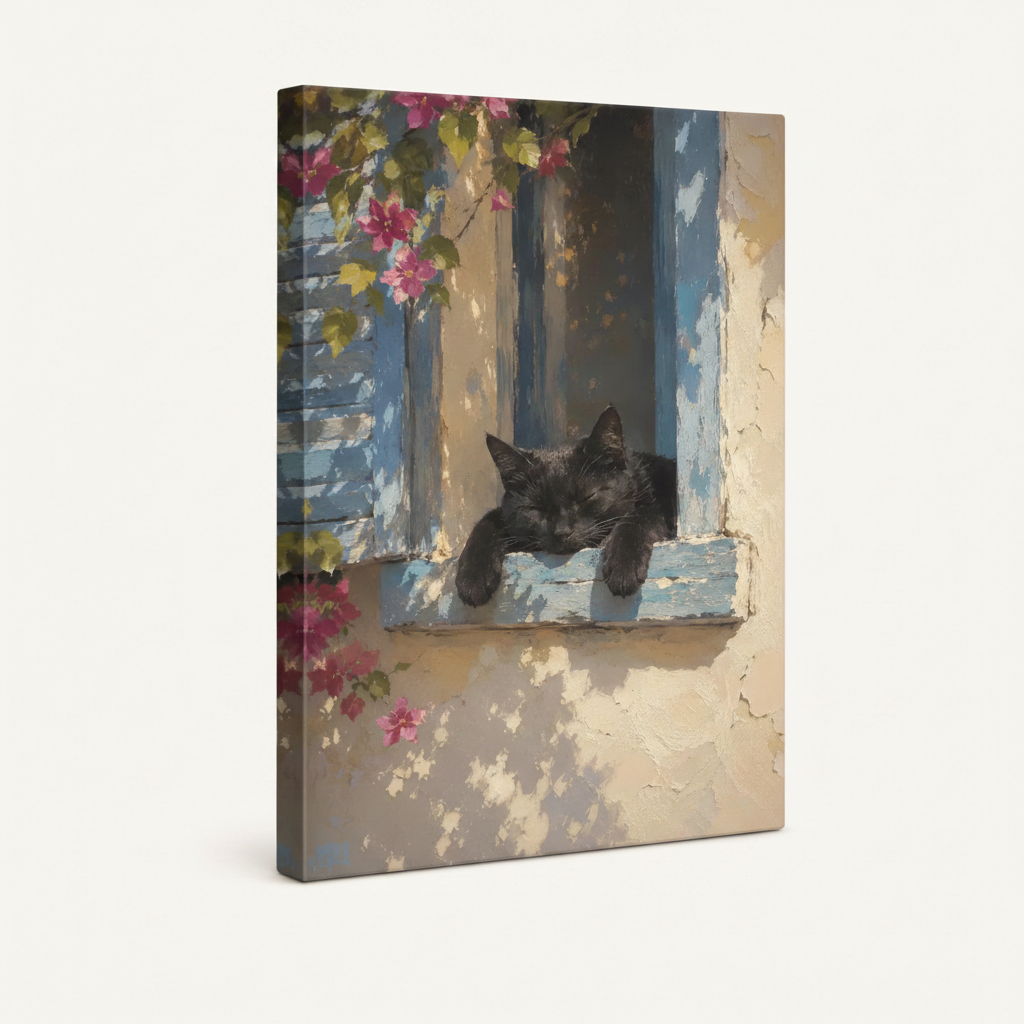 Impressionist sleeping cat with bougainvillea gallery-wrapped canvas print, side angle on white background