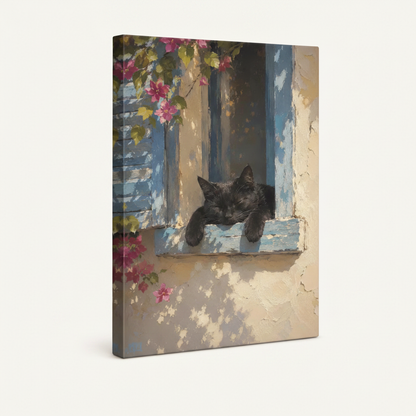Impressionist sleeping cat with bougainvillea gallery-wrapped canvas print, side angle on white background