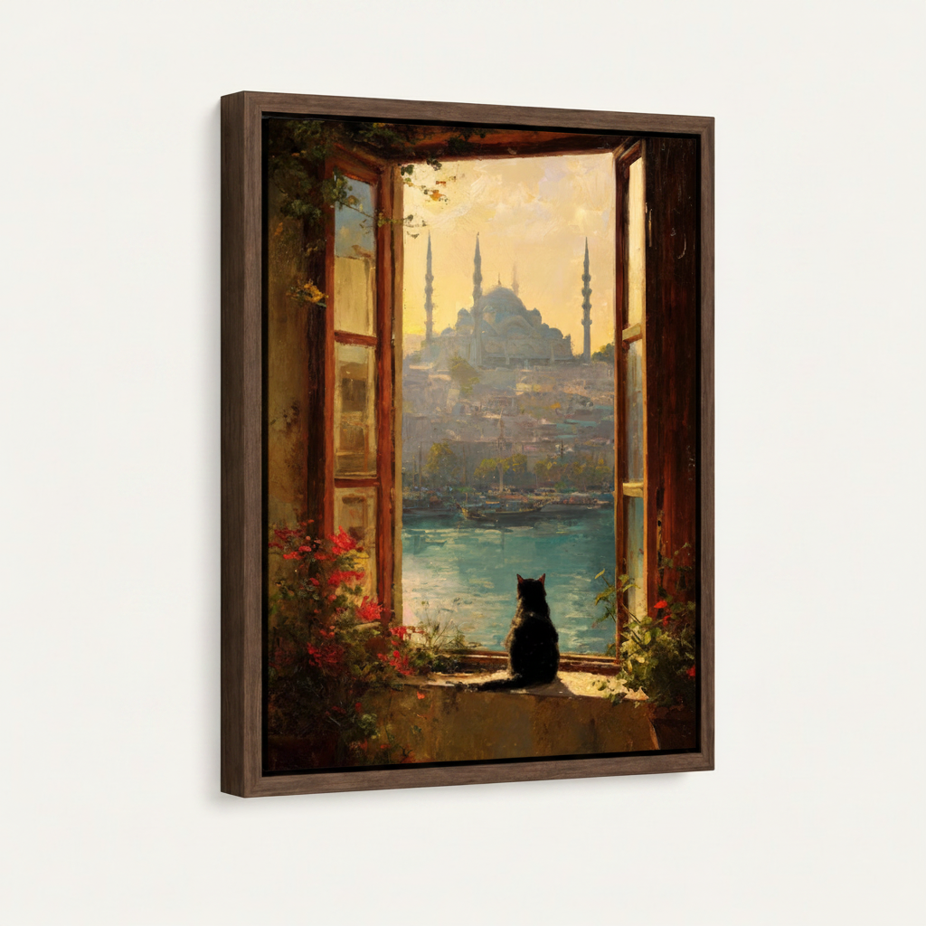 Framed canvas print of black cat gazing at Istanbul mosque skyline through open window with red flowers