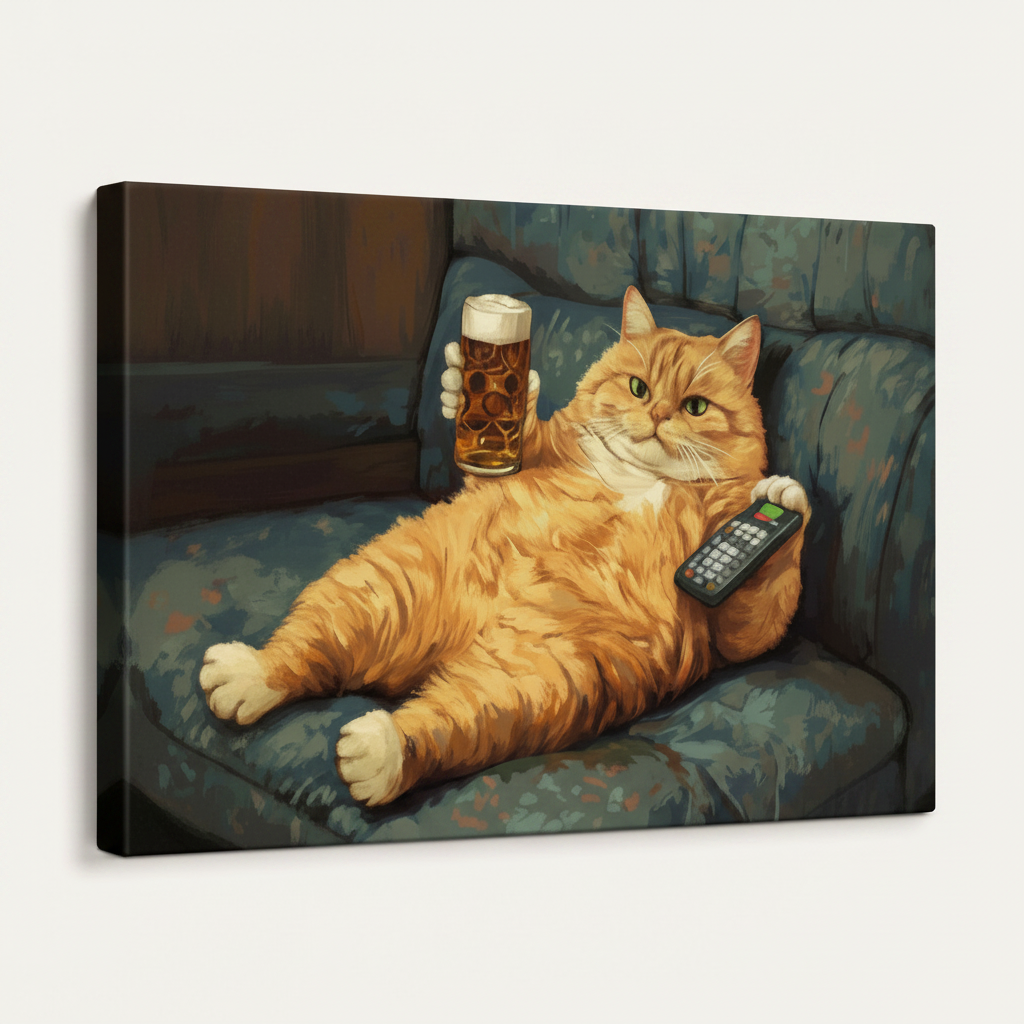 Gallery wrapped canvas of chubby orange cat holding beer mug and TV remote on blue sofa, white background