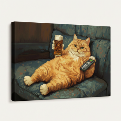 Gallery wrapped canvas of chubby orange cat holding beer mug and TV remote on blue sofa, white background