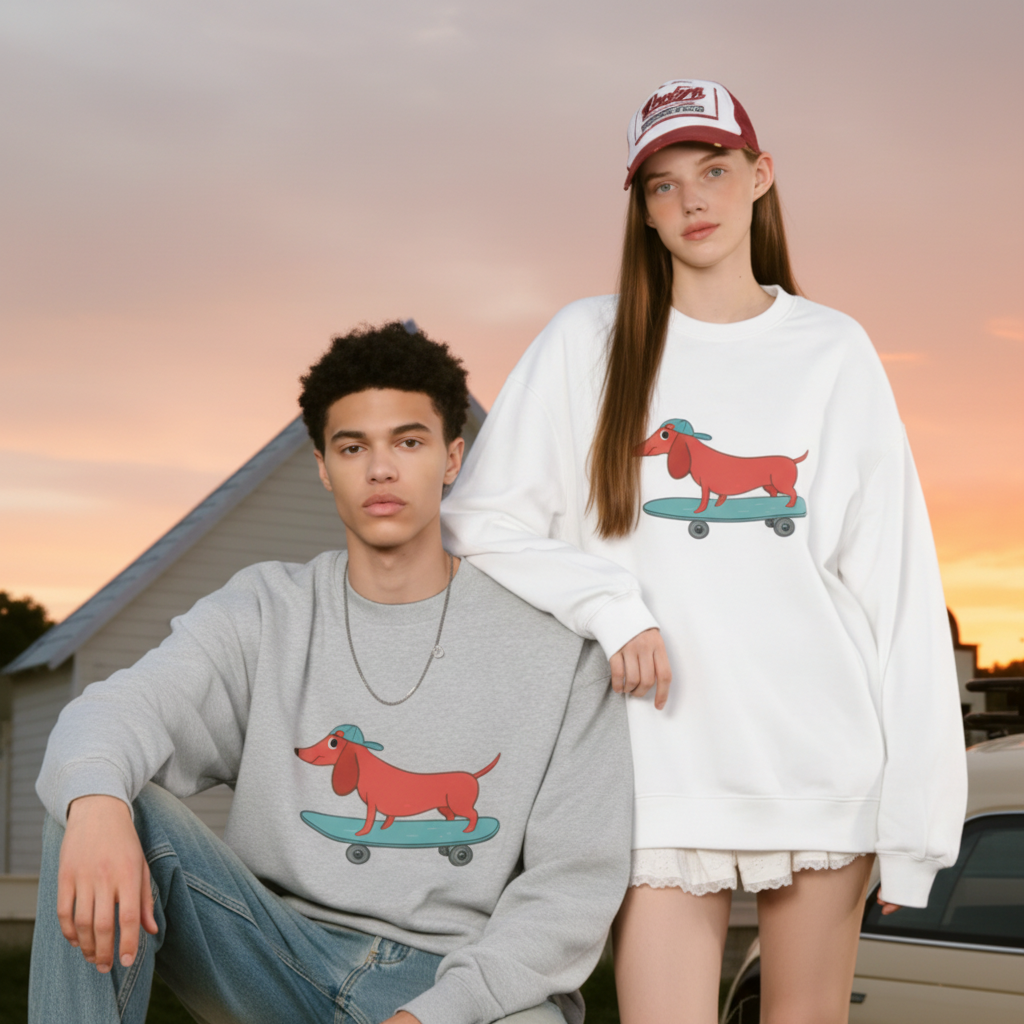 Skateboarding Dachshund Green Cap Graphic Crewneck C1053