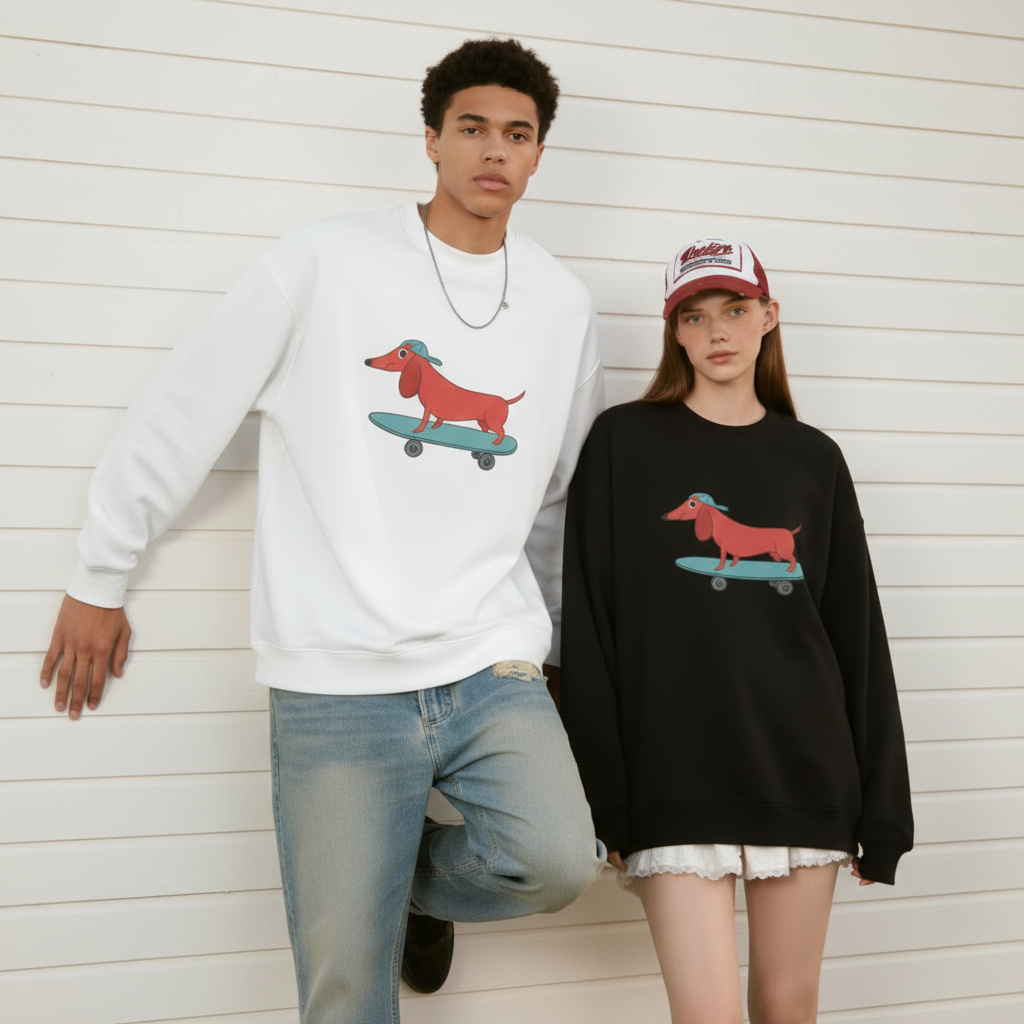 Skateboarding Dachshund Green Cap Graphic Crewneck C1053