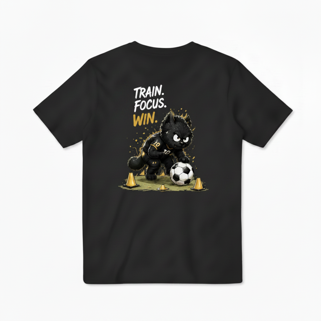Train Focus Win King Cat Soccer Graphic Tee