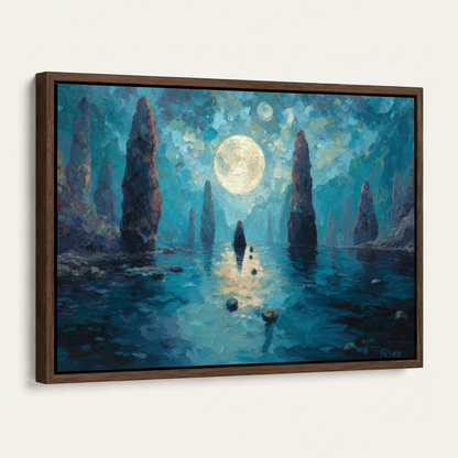 Dark walnut float frame canvas print angled view highlighting frame gap detail and teal blue moon artwork