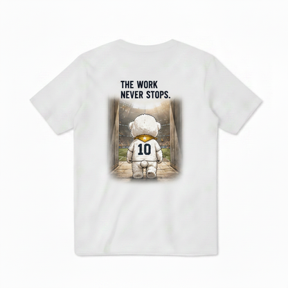The Work Never Stops Fluffy Dog Soccer Graphic Tee