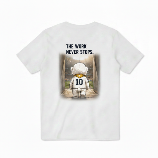 The Work Never Stops Fluffy Dog Soccer Graphic Tee