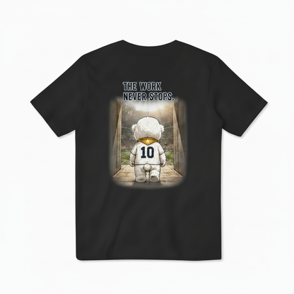 The Work Never Stops Fluffy Dog Soccer Graphic Tee