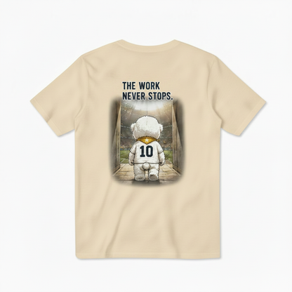 The Work Never Stops Fluffy Dog Soccer Graphic Tee