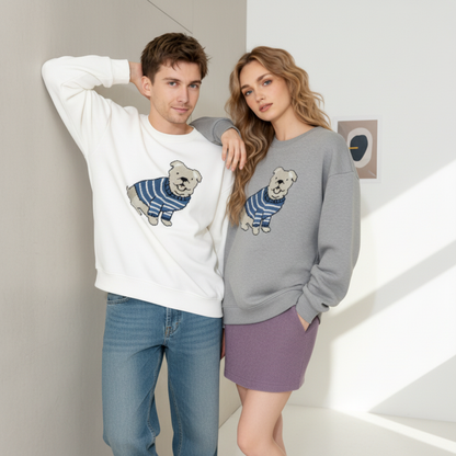 Smiling Bulldog Blue Striped Sweater Dog Lover Crewneck C1064
