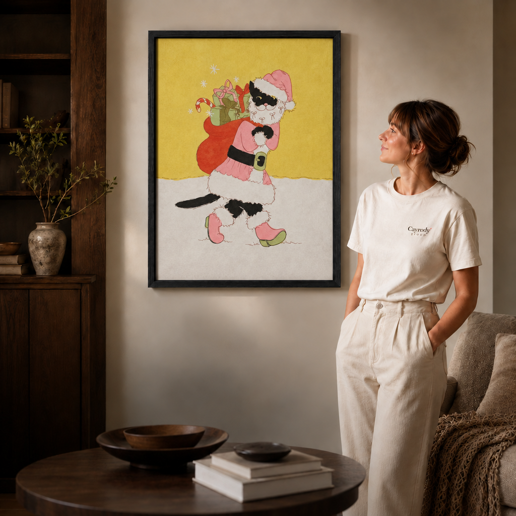 Black-and-white cat in a pink Santa suit carrying wrapped gifts against a warm golden-yellow holiday sky.