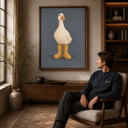 Duck in rain boots canvas art above a reading chair in a cozy living room corner