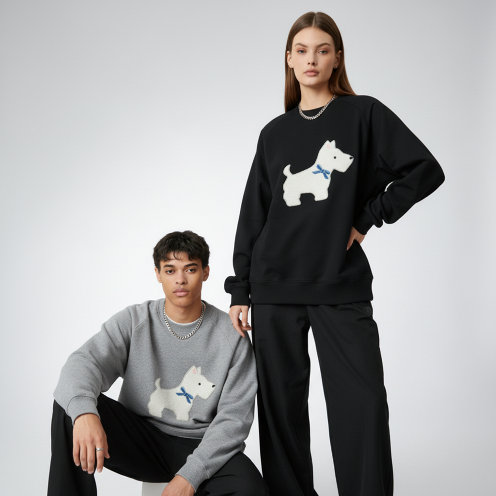 White Scottie Dog Blue Bow Crewneck C1073