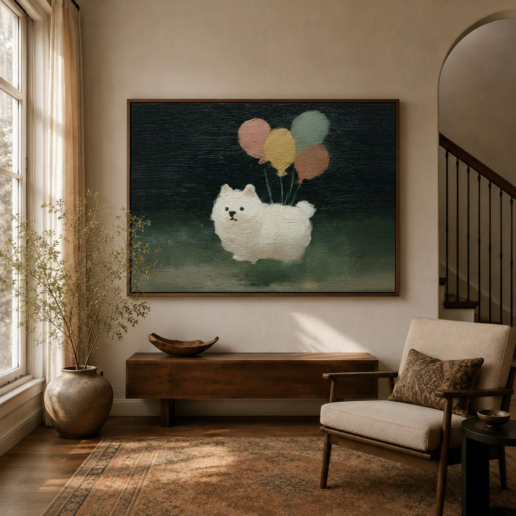 Whimsical white fluffy dog floating with colorful balloons, framed canvas wall art in warm entryway setting