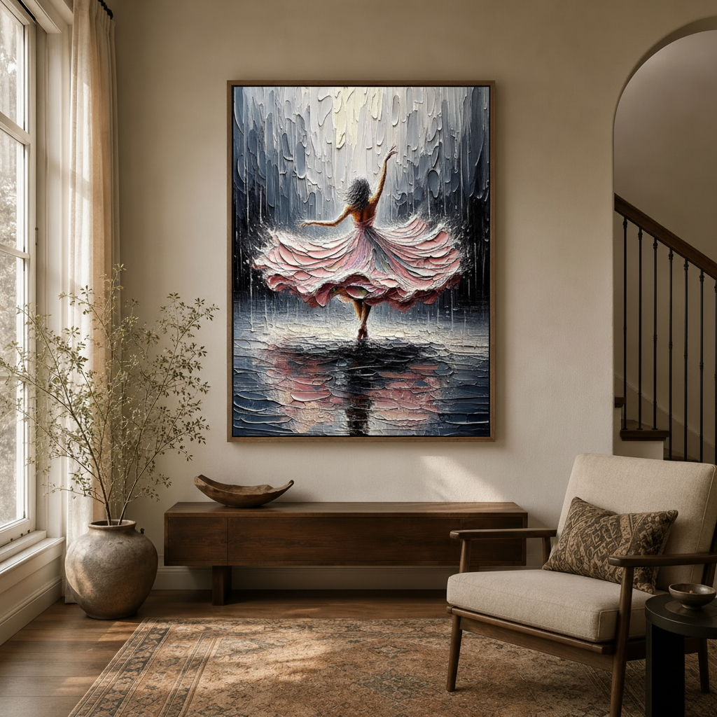 Palette knife dancer canvas print displayed in a warm neutral entryway beside a staircase and armchair