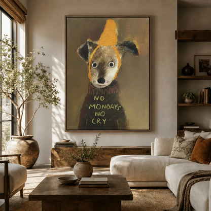  Folk art dog canvas print hanging in living room, framed in dark walnut float frame