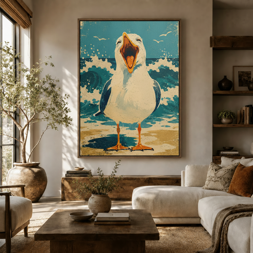 Vintage seagull poster canvas print displayed above white sofa in bright neutral living room