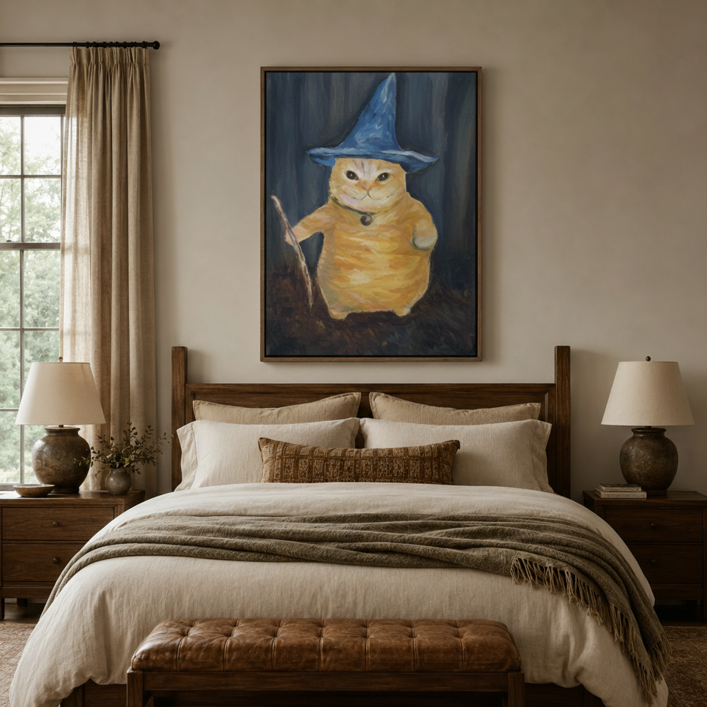 Wizard cat canvas wall art in framed style displayed above a cozy bedroom bed