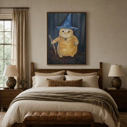 Wizard cat canvas wall art in framed style displayed above a cozy bedroom bed