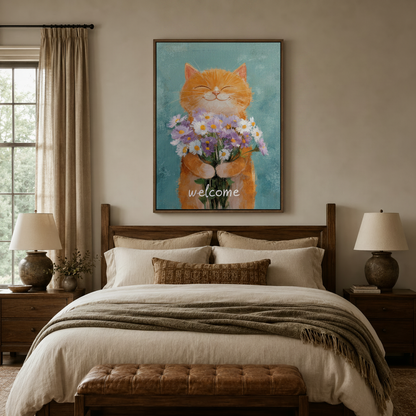 Whimsical cat with flowers canvas print above wooden bed in cozy neutral bedroom