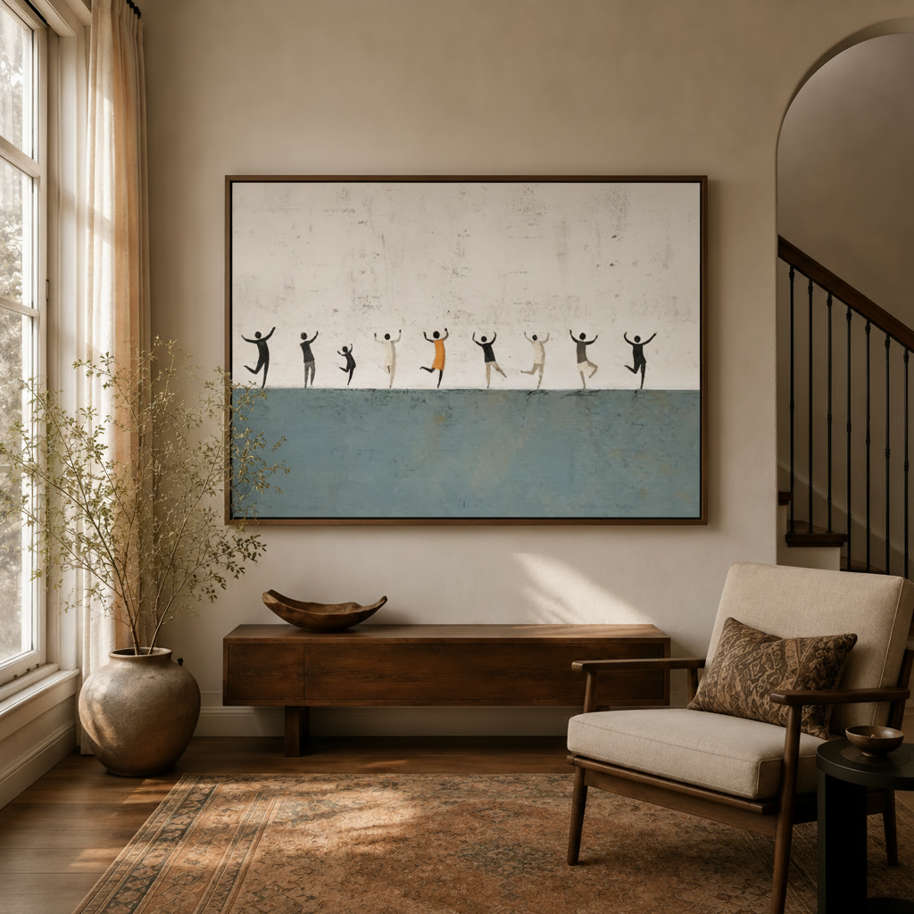 Framed minimalist dancing figures canvas wall art above a wood console in a bright neutral entryway