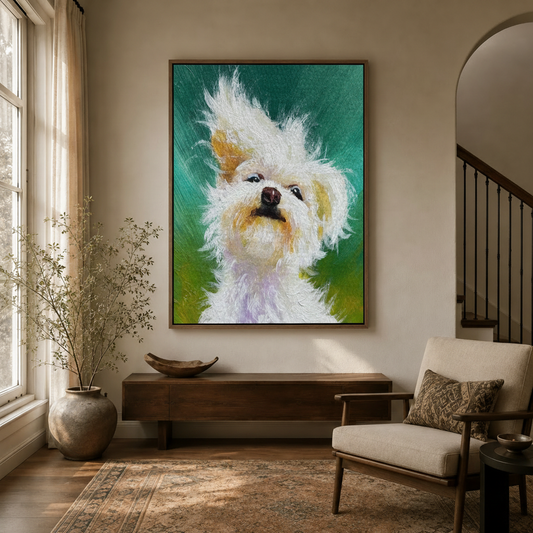 Fluffy white Maltese dog impasto portrait canvas in walnut frame displayed in warm neutral entryway