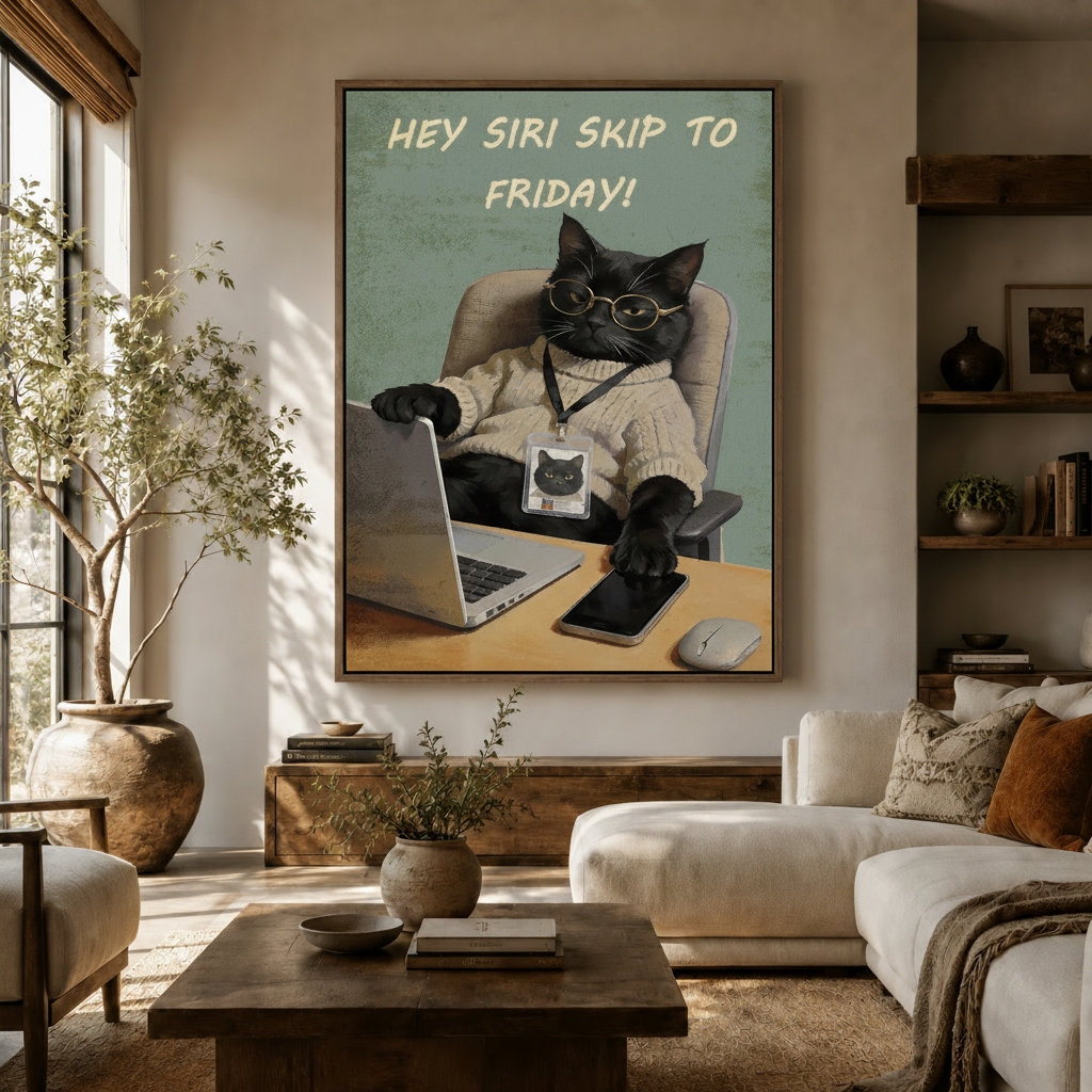  Funny cat canvas print displayed in warm living room above rustic sideboard, framed wall art
