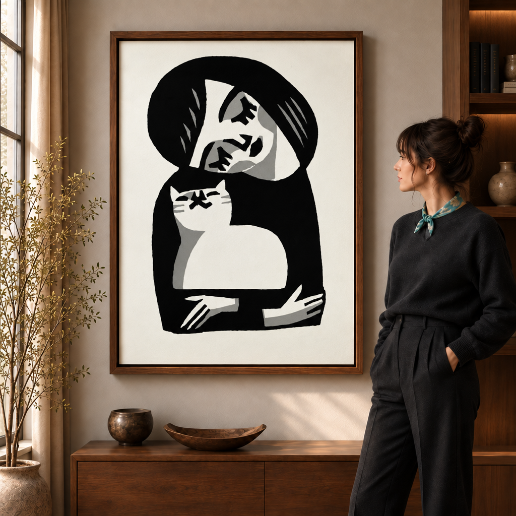 Modern woman and cat canvas wall art displayed in a warm living room with dark wood furnishings