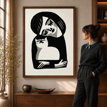 Modern woman and cat canvas wall art displayed in a warm living room with dark wood furnishings