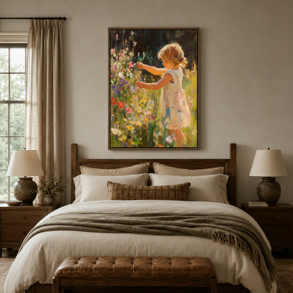 Little girl wildflower meadow impressionist canvas wall art displayed above bed in warm neutral bedroom