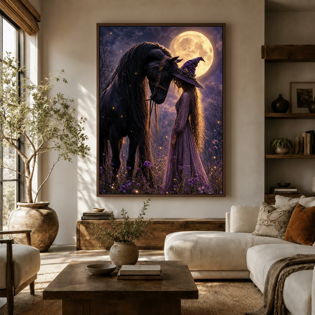 Witch and black horse moon fantasy canvas wall art displayed above wooden sideboard in warm neutral living room