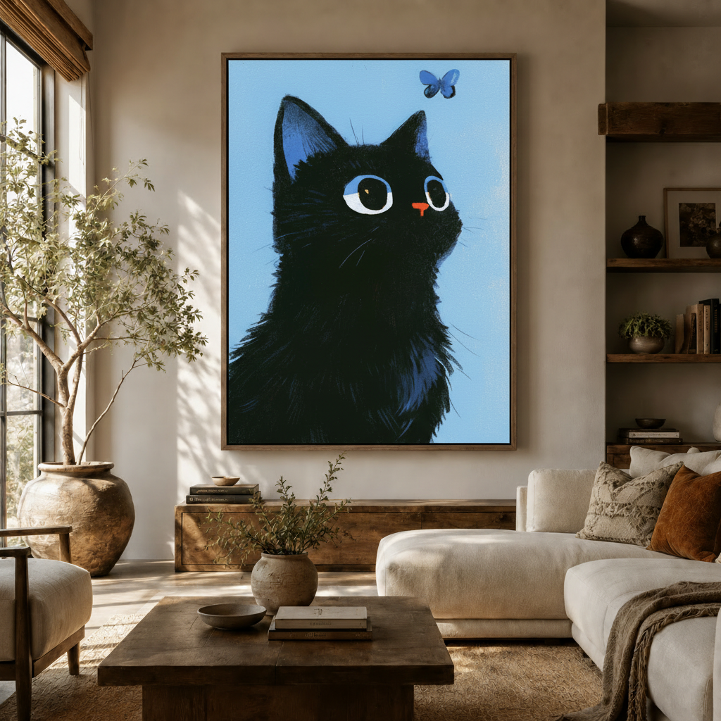 Black cat butterfly vintage canvas print displayed in warm modern living room above sideboard