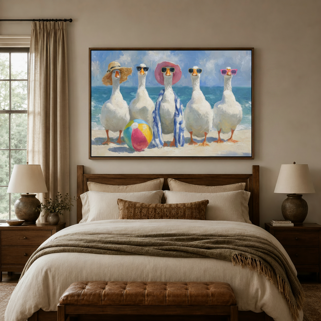 Beach geese in sunglasses impasto canvas wall art displayed above cozy neutral bedroom headboard