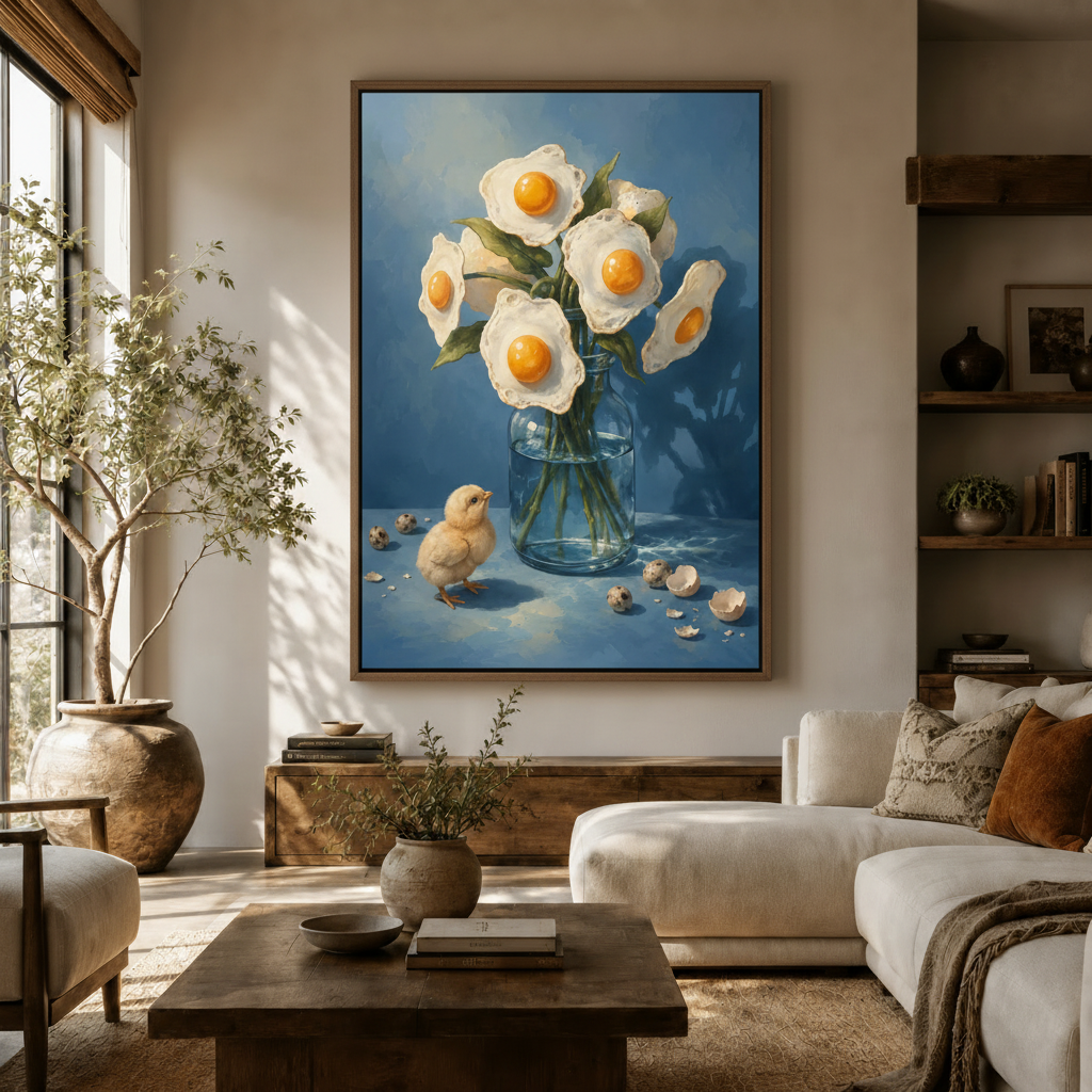 Whimsical egg flower oil painting in float frame hanging in modern living room