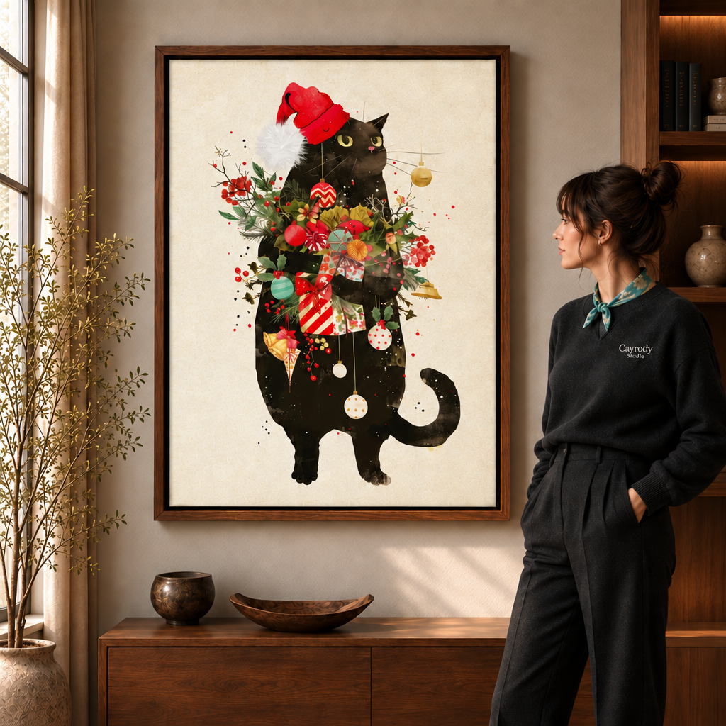 Christmas cat wall art in a walnut frame brightens a room with a woman in dark clothing and leafy decor.