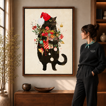 Christmas cat wall art in a walnut frame brightens a room with a woman in dark clothing and leafy decor.