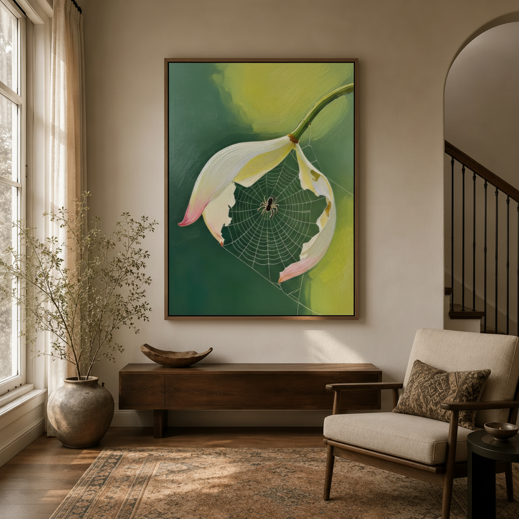 Dark botanical lotus canvas wall art displayed above wooden console in warm entryway setting
