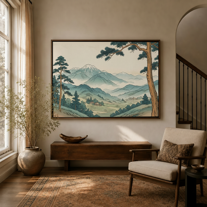 Japanese ukiyo-e mountain landscape canvas wall art displayed above console in warm neutral entryway