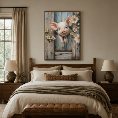Whimsical piglet peeking through barn door canvas wall art displayed above bed in cozy bedroom