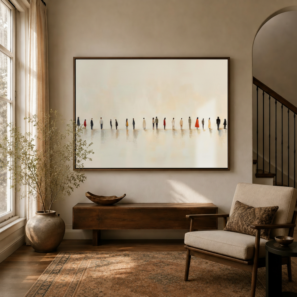 Minimalist figurative canvas wall art displayed large above a sideboard in a warm entryway