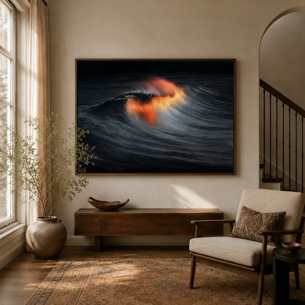 Dark ocean wave canvas wall art with fire glow displayed above console in warm neutral entryway