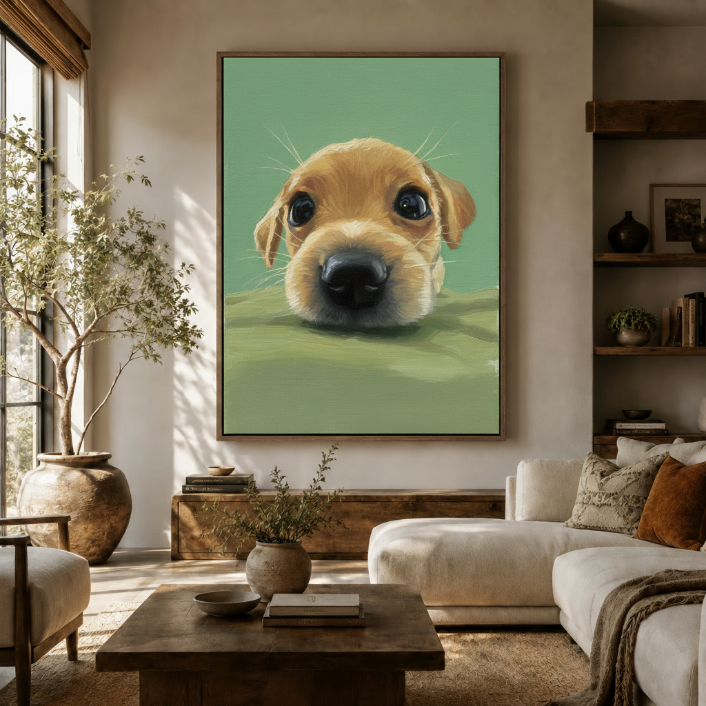 Cute puppy oil painting canvas print displayed above wooden sideboard in cozy living room