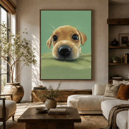 Cute puppy oil painting canvas print displayed above wooden sideboard in cozy living room