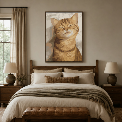 Smiling orange tabby cat painterly canvas in dark walnut frame centered above cozy neutral bedroom headboard