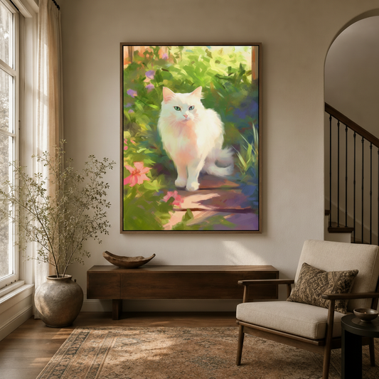 White cat garden impressionist framed canvas art displayed in a warm neutral entryway beside a staircase